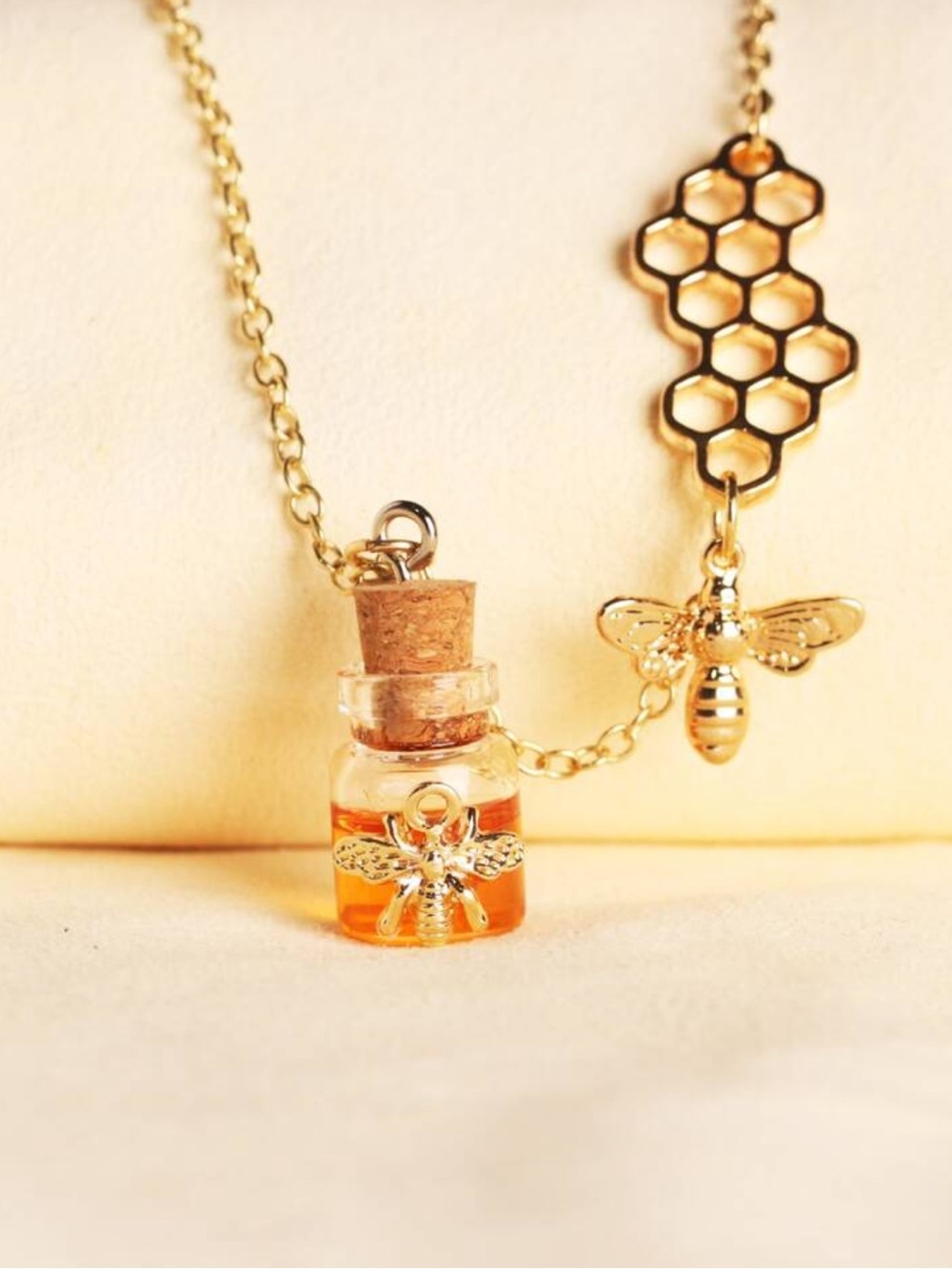 Honey Bee Charm Necklace - Gold Tone with Amber Glass Vial